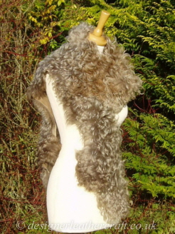 78 inch Taupe Pintos Tigrado Shearling Scarf S2 Over the Shoulder